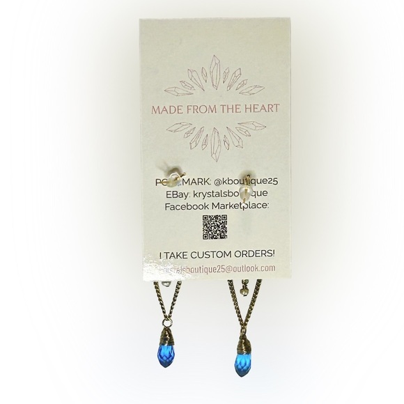 Antique Gold Blue Gemstone Green Crystal Teardrop Dangle Earrings Hand Crafted - Picture 9 of 9